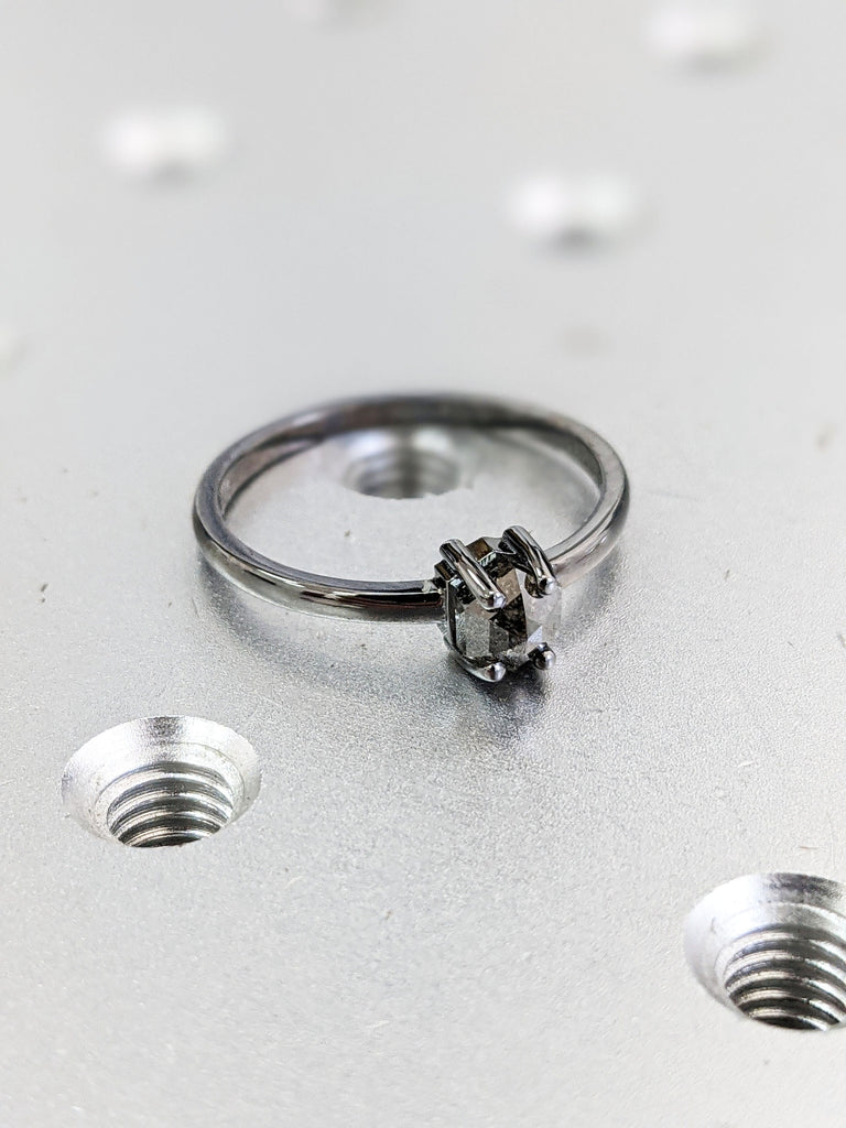 Black Raw Diamond, Salt and Pepper, Hexagon, Unique Engagement Ring, Rose Cut Geometric Diamond Ring, 14k Gold, Custom Handmade