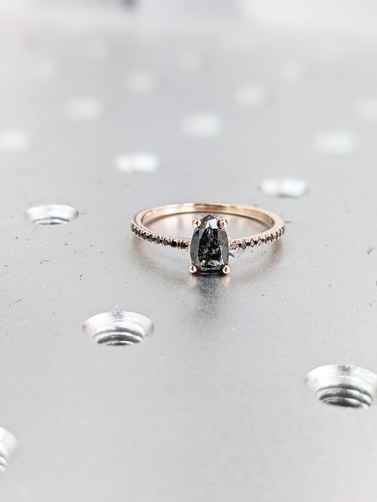 Vintage Pear shaped Salt and Pepper Diamond engagement ring art deco ring Rose gold Ring, black diamond, Bridal ring Half eternity ring