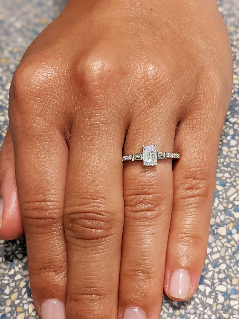 0.5ct Emerald Cut Engagement Ring, Emerald Cut Ring, Baguette Engagement Ring, Half Eternity Diamond Ct Solid 14k Gold Moissanite Engagement