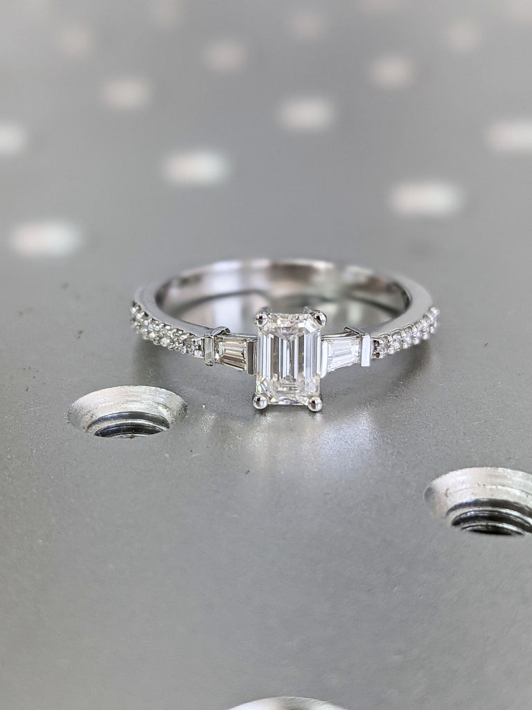 0.5ct Emerald Cut Engagement Ring, Emerald Cut Ring, Baguette Engagement Ring, Half Eternity Diamond Ct Solid 14k Gold Moissanite Engagement