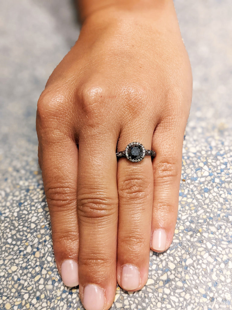 Salt & pepper diamond ring, Grey diamond engagement ring, Natural diamond cluster, Round Cut Halo Engagement Ring Solid 14k Black Gold