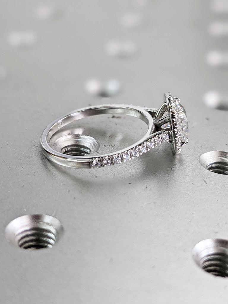 2 Carat Cushion Cut Engagement Ring Halo Solid 14k White Gold Lab Created Man Made Synthetic Simulated Moissanite and Diamonds Ring Bridal