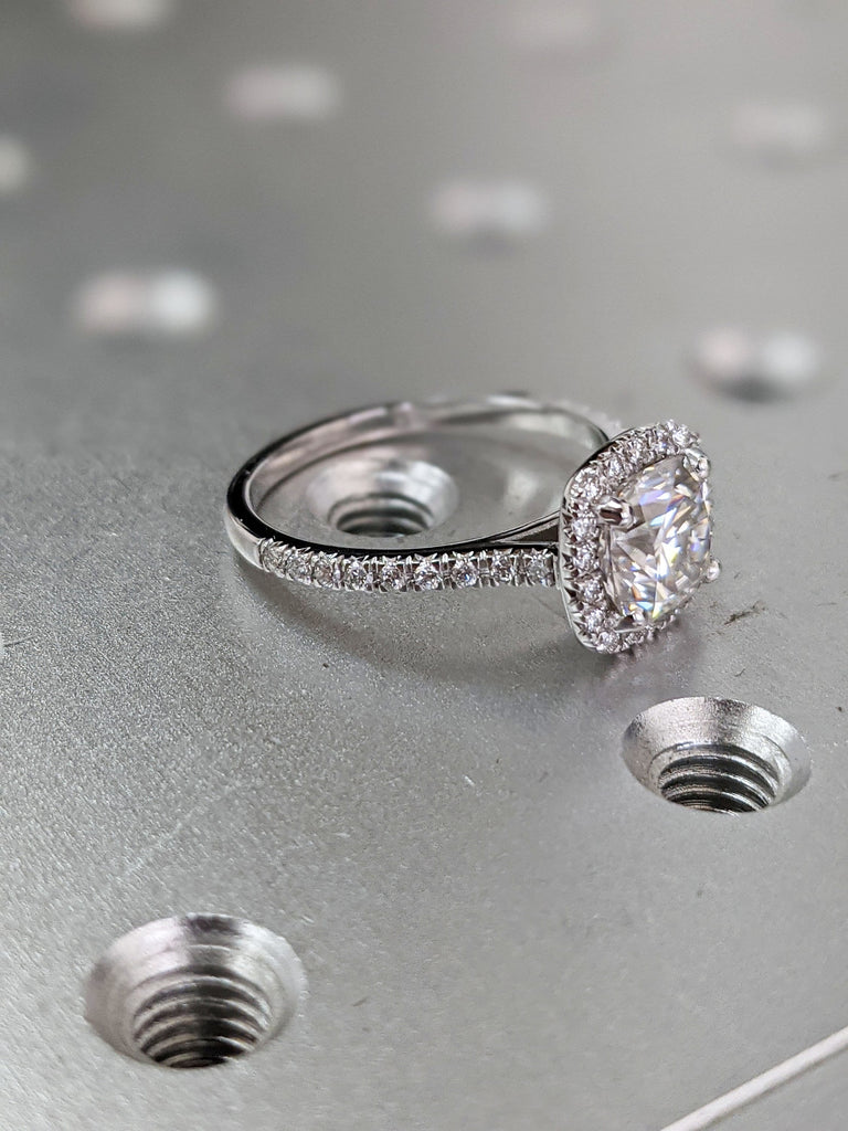 2 Carat Cushion Cut Engagement Ring Halo Solid 14k White Gold Lab Created Man Made Synthetic Simulated Moissanite and Diamonds Ring Bridal