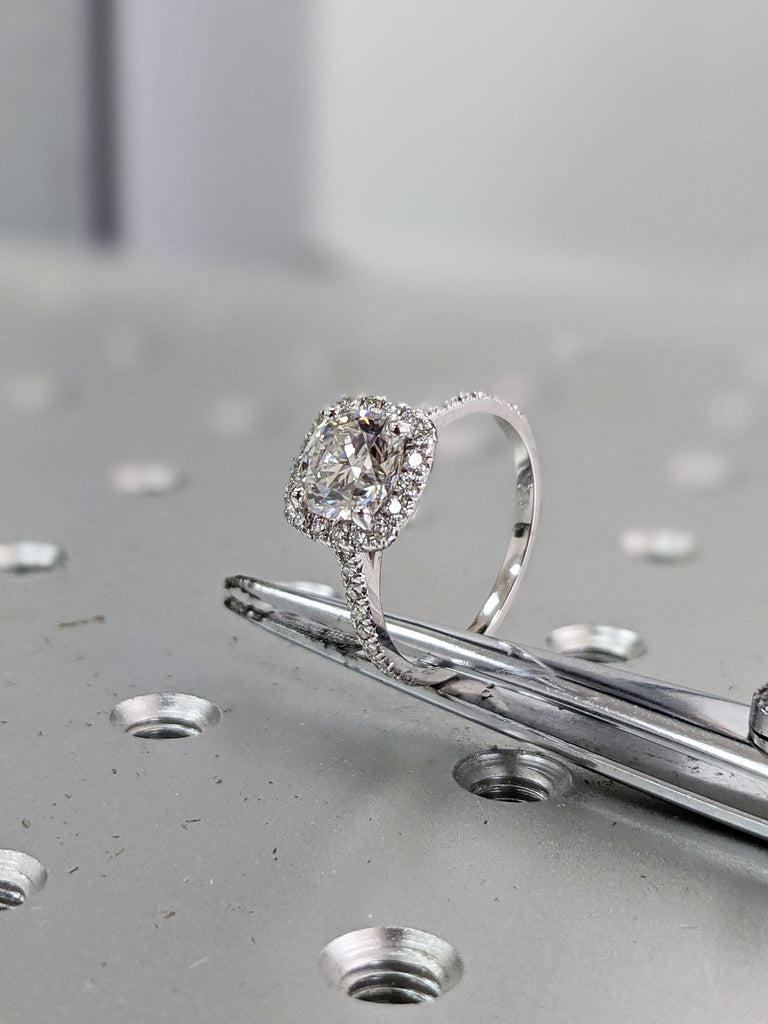 2 Carat Cushion Cut Engagement Ring Halo Solid 14k White Gold Lab Created Man Made Synthetic Simulated Moissanite and Diamonds Ring Bridal