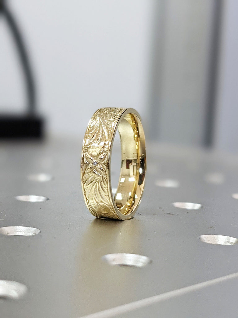 Victorian Style Ring - Vintage Antique Botanical Wedding Band in 14 karat Solid Gold - Floral Wedding Ring - Floral Wedding Band