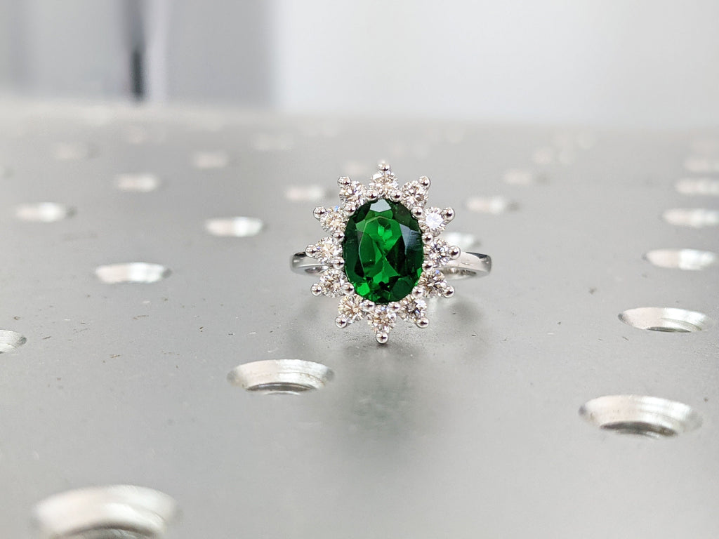 Gold Emerald Engagement Ring , Emerald ring vintage unique oval emerald engagement ring, halo diamond ring, Emerald Wedding Ring