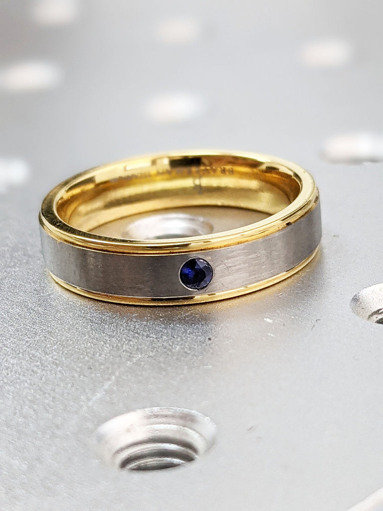 Mens Wedding Bands, 14k Yellow Gold Band, Titanium Band, Blue Sapphire Band, Blue Sapphire Ring, Satin Brushed Stepped Edges