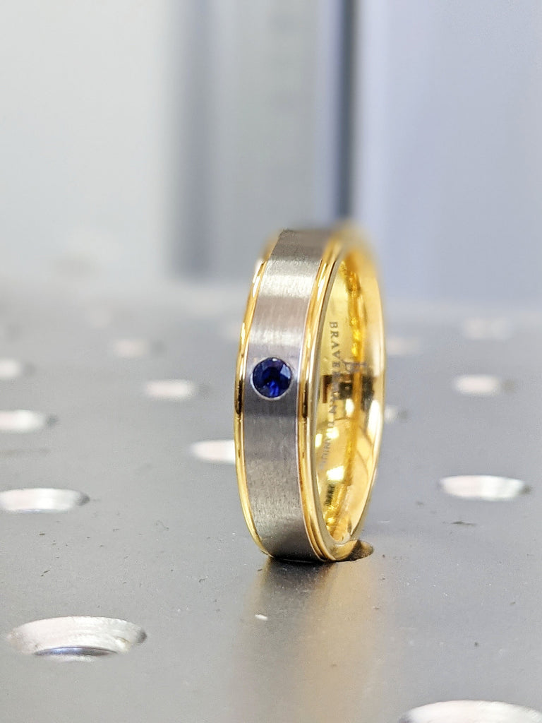 Mens Wedding Bands, 14k Yellow Gold Band, Titanium Band, Blue Sapphire Band, Blue Sapphire Ring, Satin Brushed Stepped Edges