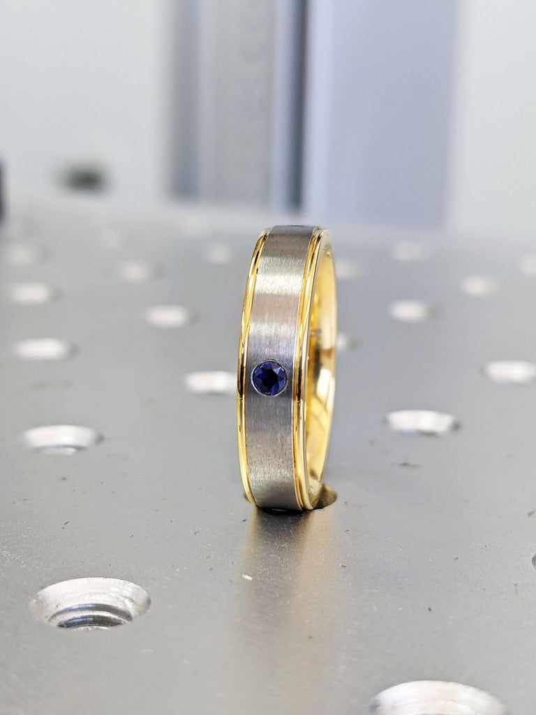 Mens Wedding Bands, 14k Yellow Gold Band, Titanium Band, Blue Sapphire Band, Blue Sapphire Ring, Satin Brushed Stepped Edges