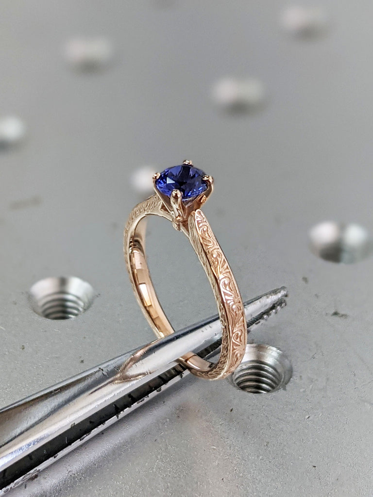 Blue Sapphire Engagement Ring, Vintage Inspired Sapphire Ring, Rose/Yellow/White Gold Round Sapphire Ring, Sapphire Ring