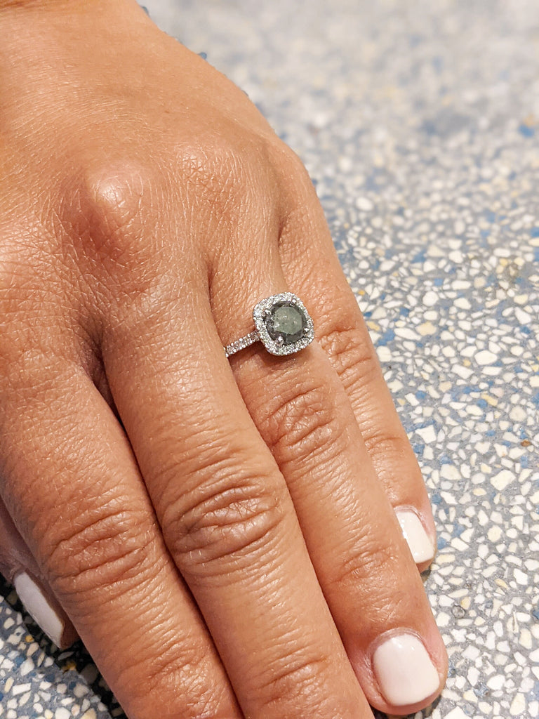 Raw Salt And Pepper Diamond Ring White Gold French Pave Salt And Pepper Diamond Halo Engagement Ring (1/3 Ct. Tw.)French Pave,Pave Halo,Nala