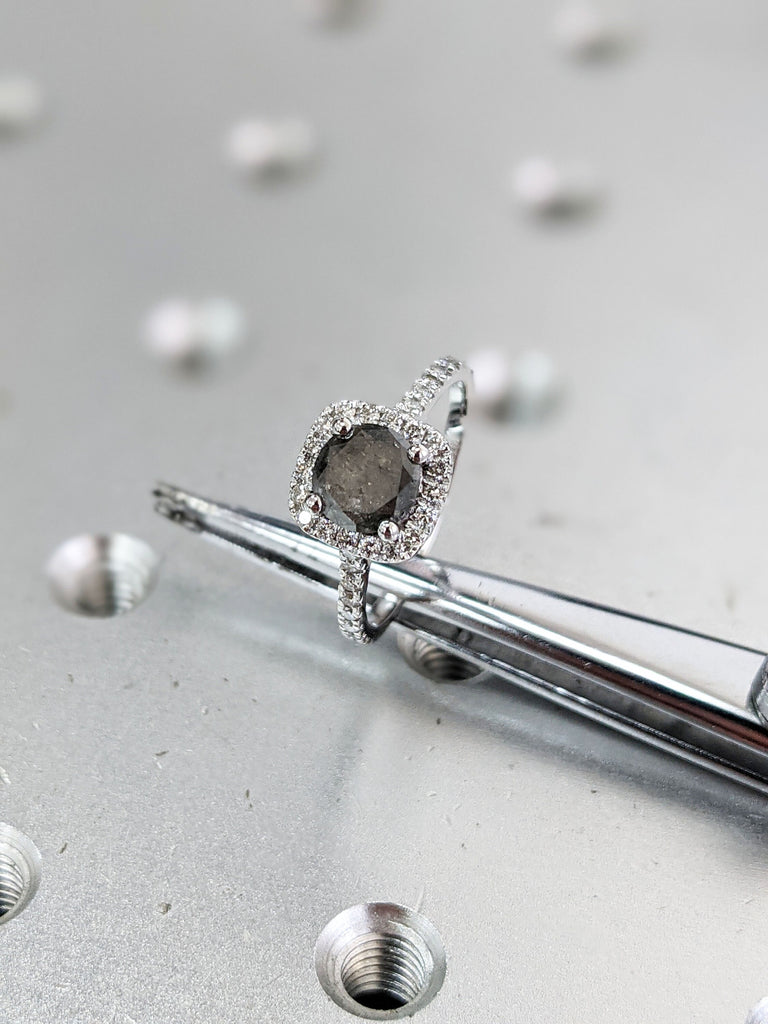 Raw Salt And Pepper Diamond Ring White Gold French Pave Salt And Pepper Diamond Halo Engagement Ring (1/3 Ct. Tw.)French Pave,Pave Halo,Nala
