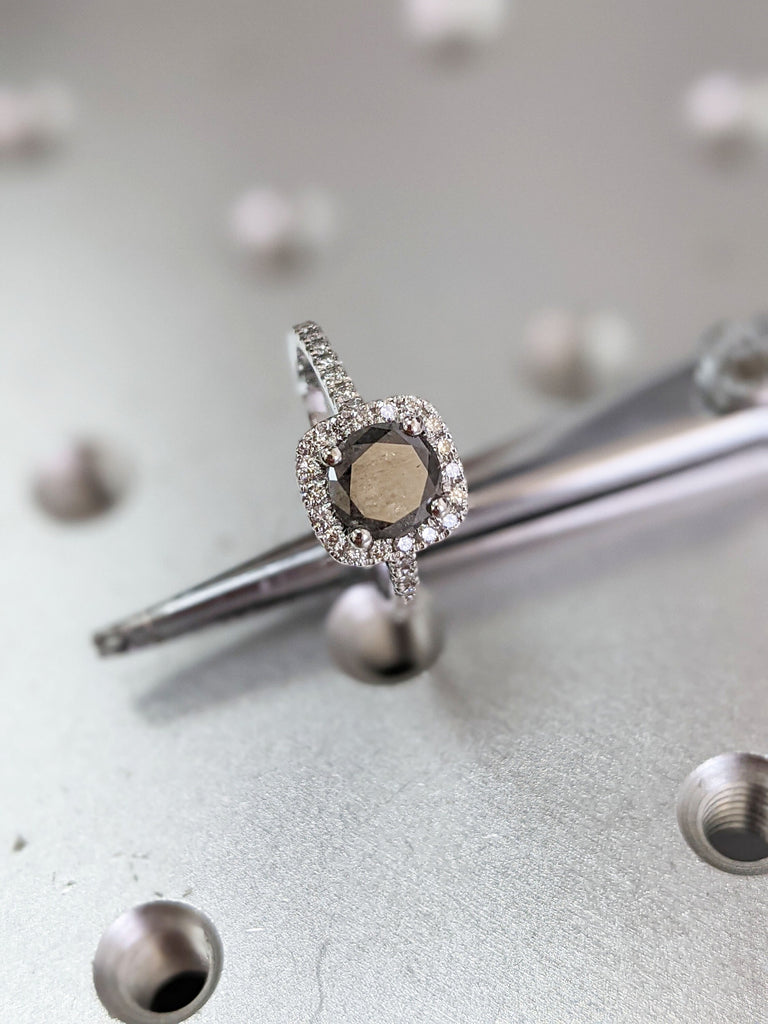 Raw Salt And Pepper Diamond Ring White Gold French Pave Salt And Pepper Diamond Halo Engagement Ring (1/3 Ct. Tw.)French Pave,Pave Halo,Nala