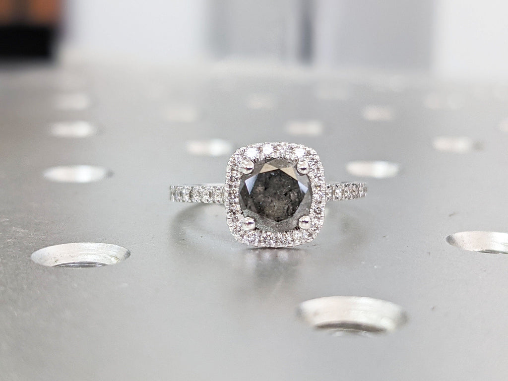 Raw Salt And Pepper Diamond Ring White Gold French Pave Salt And Pepper Diamond Halo Engagement Ring (1/3 Ct. Tw.)French Pave,Pave Halo,Nala