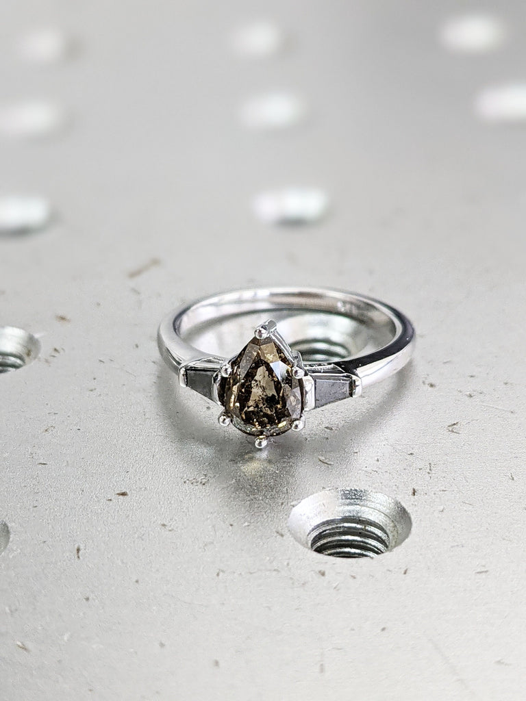 Pear Shaped Salt And Pepper Diamond Bridal, Yellow Diamond Baguette Ring, Salt And Pepper Tapered Baguette Pear Ring, Pear Engagement Ring