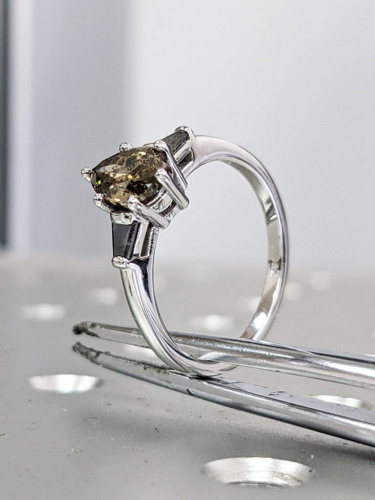 Pear Shaped Salt And Pepper Diamond Bridal, Yellow Diamond Baguette Ring, Salt And Pepper Tapered Baguette Pear Ring, Pear Engagement Ring