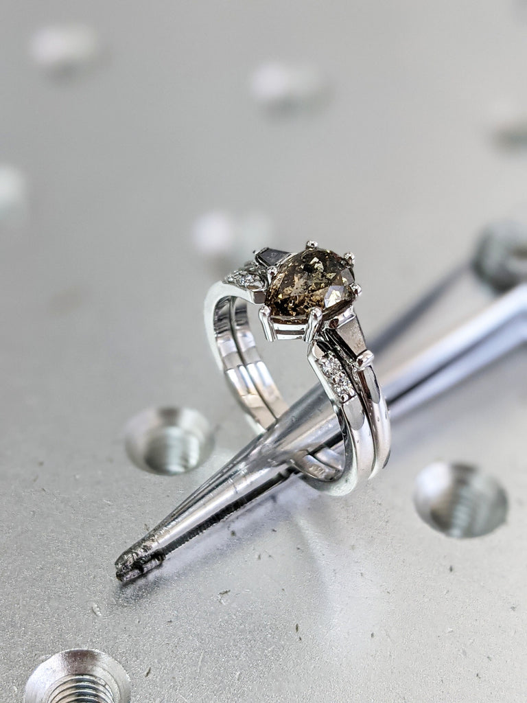 Pear Shaped Salt And Pepper Diamond Bridal, Yellow Diamond Baguette Ring, Salt And Pepper Tapered Baguette Pear Ring, Pear Engagement Ring