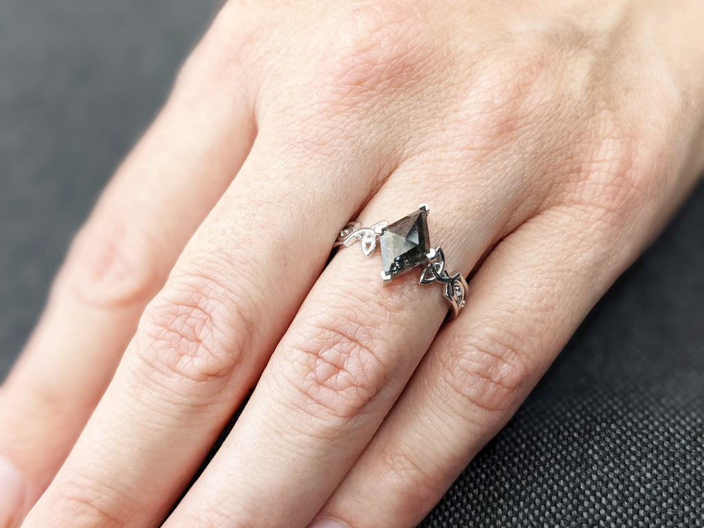 1.75ct Unique Kite Diamond Vintage Celtic Engagement Ring Bridal Set, Salt And Pepper Diamond Kite Shaped Twisted Engagement Ring Bridal Set