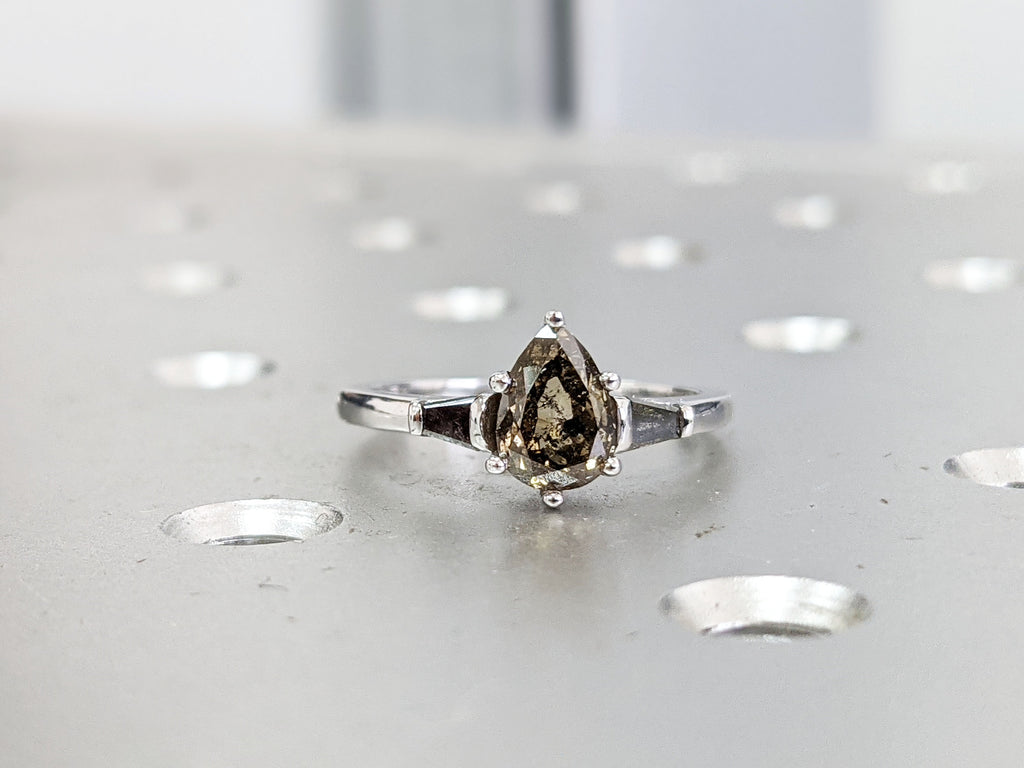 Pear Shaped Salt And Pepper Diamond Bridal, Yellow Diamond Baguette Ring, Salt And Pepper Tapered Baguette Pear Ring, Pear Engagement Ring