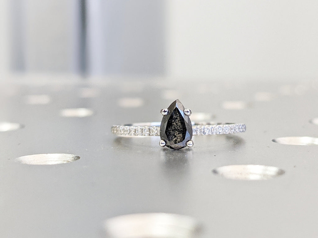 0.5ct 1920's Raw Salt and Pepper Diamond, Pear Diamond Ring, Unique Engagement Bridal Set, Black, Gray Pear, 14k Yellow, Rose, or White Gold