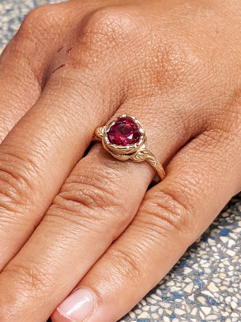 Ruby Flower Ring, Ruby Ring Rose Gold, Ruby Ring Band, Vintage Ruby Ring 14k Rose Gold Abelia Ruby Engagement Ring