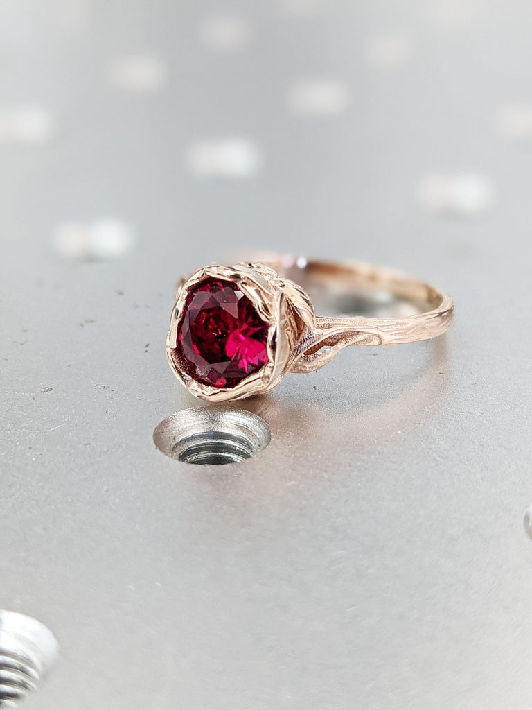 Ruby Flower Ring, Ruby Ring Rose Gold, Ruby Ring Band, Vintage Ruby Ring 14k Rose Gold Abelia Ruby Engagement Ring