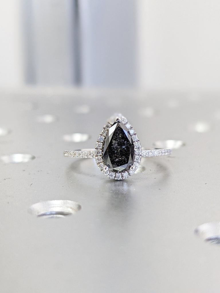 1920's Raw Salt and Pepper Diamond Halo, Pear Moissanite Halo Ring, Unique Engagement Bridal Set, Black Gray Pear 14k Yellow Rose White Gold
