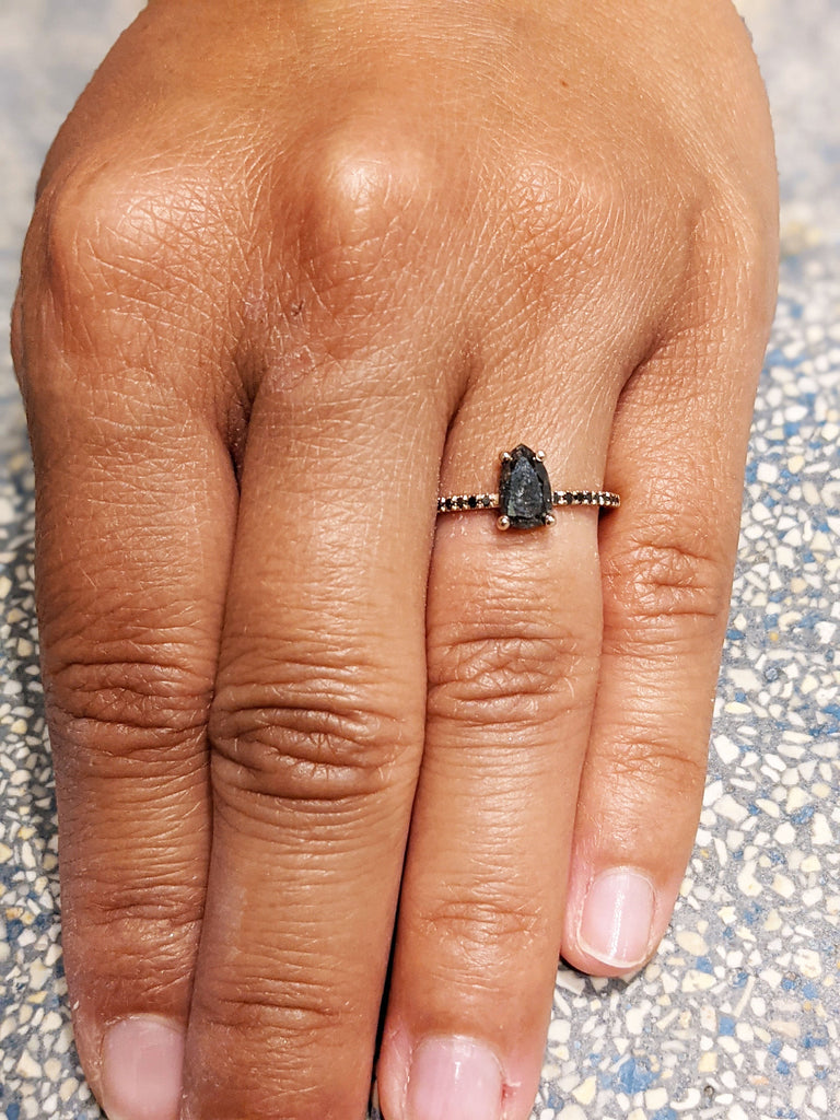 Vintage Pear shaped Salt and Pepper Diamond engagement ring art deco ring Rose gold Ring, black diamond, Bridal ring Half eternity ring