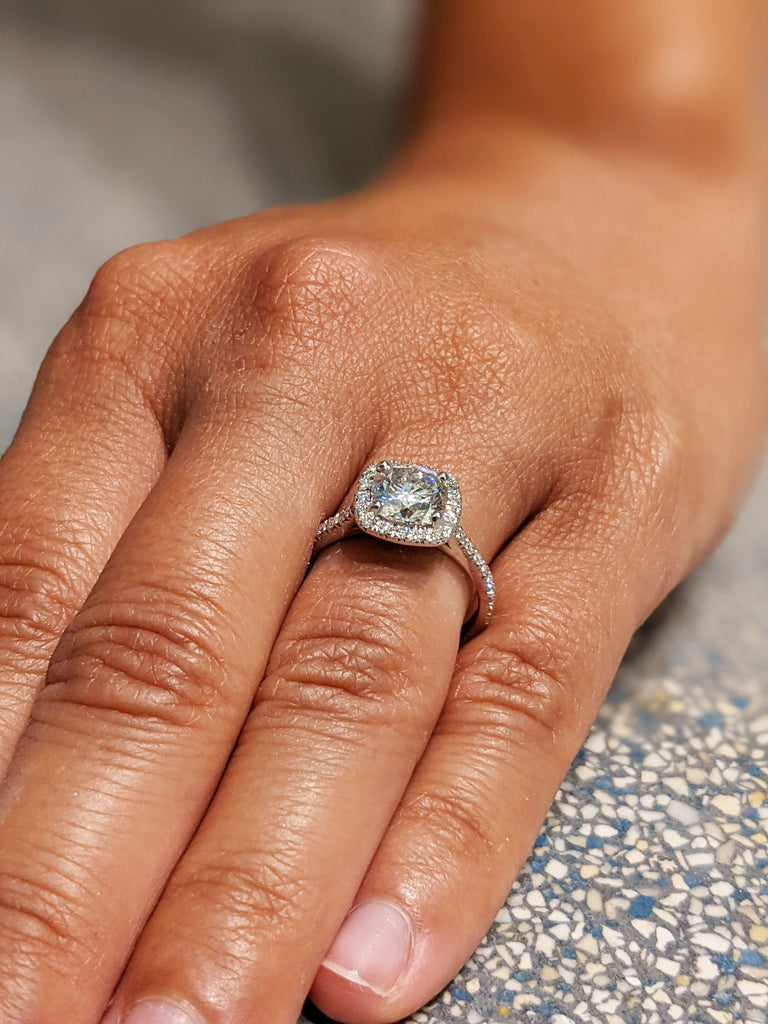 2 Carat Round Cut Engagement Ring Halo Solid 14k White Gold Lab Created Man Made Synthetic Simulated Moissanite Ring Bridal