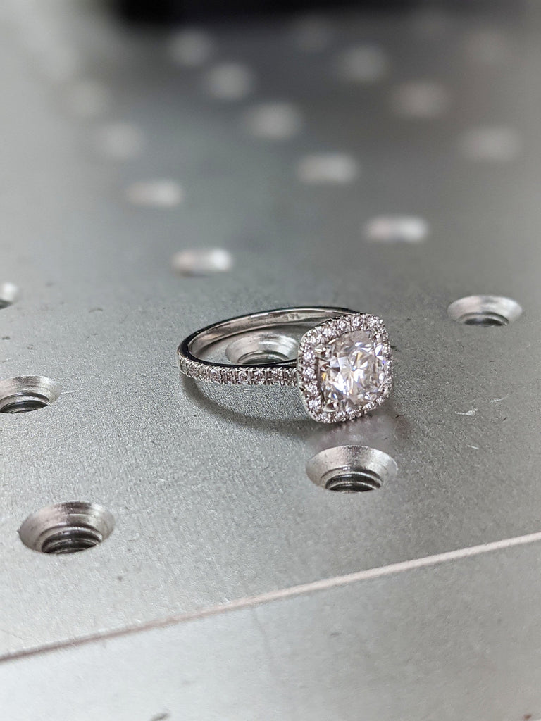 2 Carat Cushion Cut Engagement Ring Halo Solid 14k White Gold Lab Created Man Made Synthetic Simulated Moissanite and Diamonds Ring Bridal