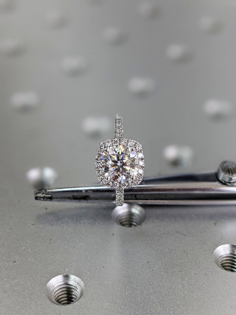 2 Carat Cushion Cut Engagement Ring Halo Solid 14k White Gold Lab Created Man Made Synthetic Simulated Moissanite and Diamonds Ring Bridal