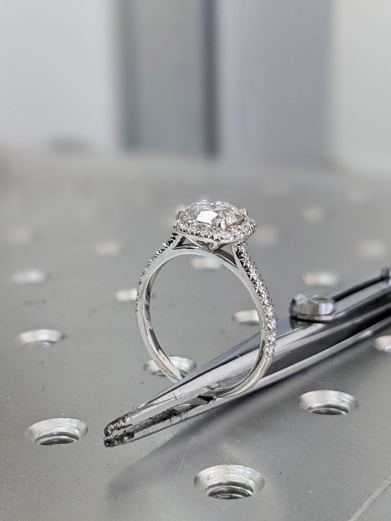 2 Carat Cushion Cut Engagement Ring Halo Solid 14k White Gold Lab Created Man Made Synthetic Simulated Moissanite and Diamonds Ring Bridal