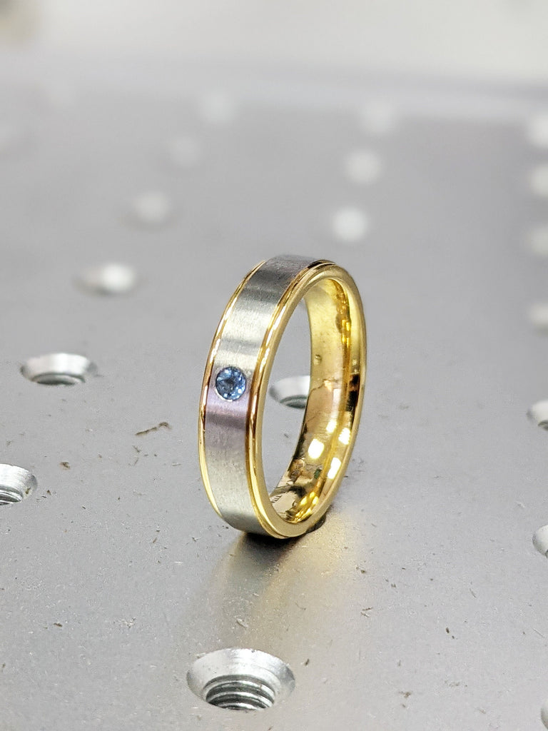 Mens Wedding Bands, 14k Yellow Gold Band, Titanium Band, Aquamarine Band, Aquamarine Ring, Satin Brushed Stepped Edges