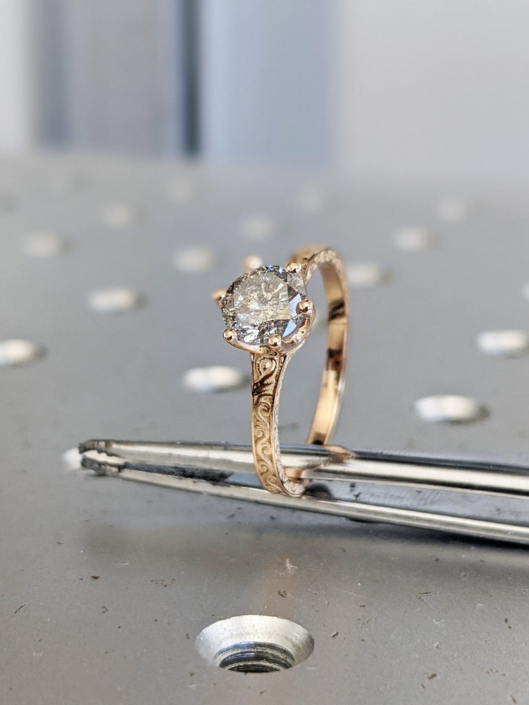 Raw Salt and Pepper Diamond Rose /White /Yellow Gold Engagement Ring Art Deco 1920's Inspired Thin Petite Band 18k Unique Ring for Her