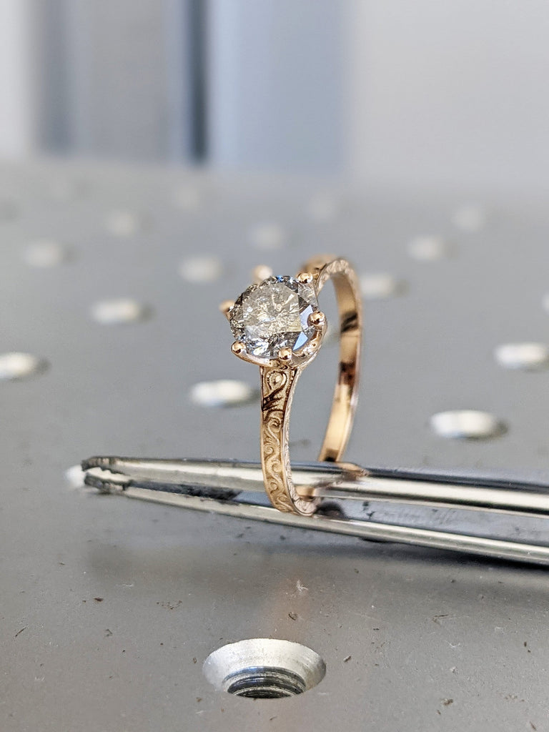 Light Raw Salt and Pepper Diamond Rose /White /Yellow Gold Engagement Ring Art Deco 1920's Inspired Thin Petite Band 18k Unique Ring for Her