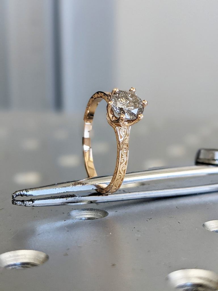 Raw Salt and Pepper Diamond Rose /White /Yellow Gold Engagement Ring Art Deco 1920's Inspired Thin Petite Band 18k Unique Ring for Her