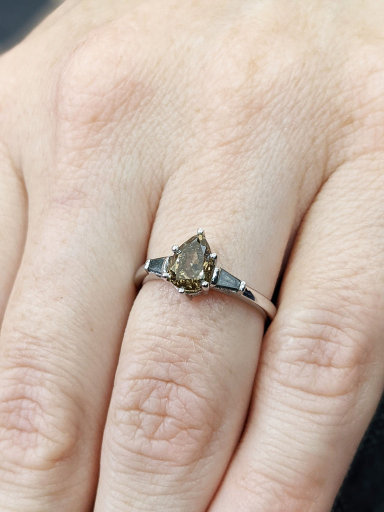 Pear Shaped Salt And Pepper Diamond Bridal, Yellow Diamond Baguette Ring, Salt And Pepper Tapered Baguette Pear Ring, Pear Engagement Ring