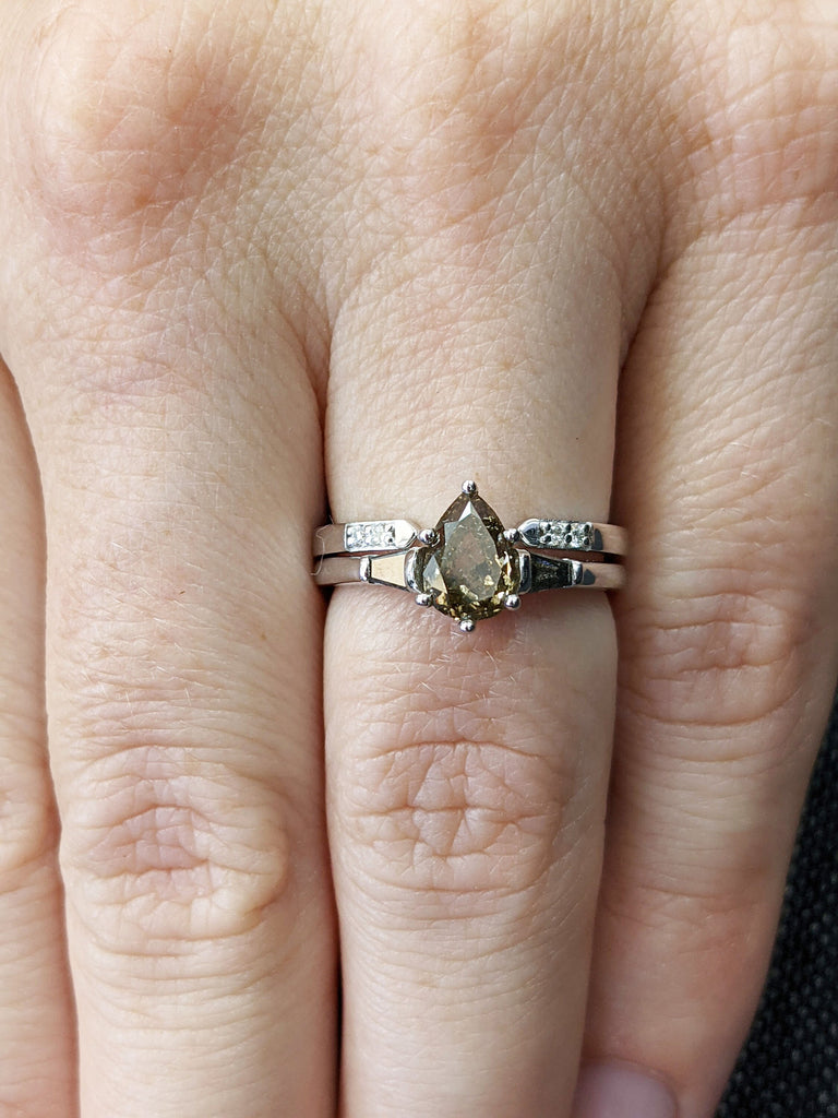 Pear Shaped Salt And Pepper Diamond Bridal, Yellow Diamond Baguette Ring, Salt And Pepper Tapered Baguette Pear Ring, Pear Engagement Ring