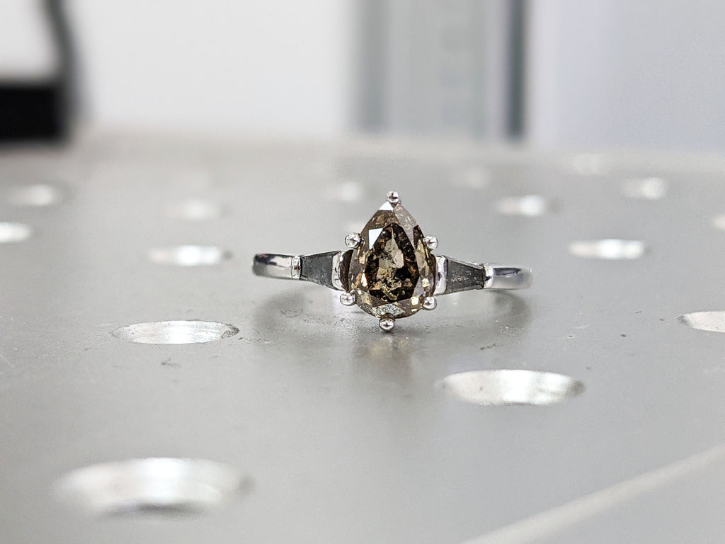 Pear Shaped Salt And Pepper Diamond Bridal, Yellow Diamond Baguette Ring, Salt And Pepper Tapered Baguette Pear Ring, Pear Engagement Ring
