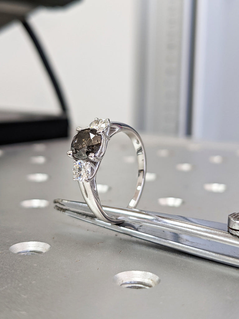 Salt And Pepper Diamond Engagement Ring, Unique Rustic Three Stone Grey Black diamond ring in 14k or 18k Solid Gold, Unique prong set ring