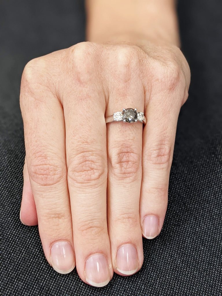 Salt And Pepper Diamond Engagement Ring, Unique Rustic Three Stone Grey Black diamond ring in 14k or 18k Solid Gold, Unique prong set ring