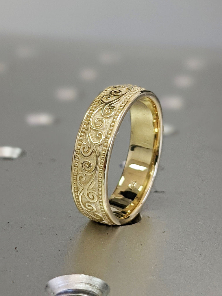 Gold Matte Wedding Band, 14K Gold Floral Wedding Ring , Filigree Wedding Band , Unique Wedding Ring 14K Gold Flower Pattern Band