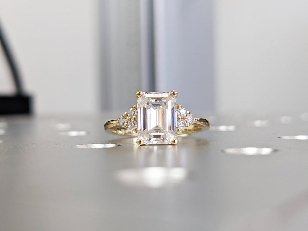 Emerald cut Moissanite engagement ring vintage yellow gold Round moissanite ring Cluster ring unique ring engagement ring Anniversary ring