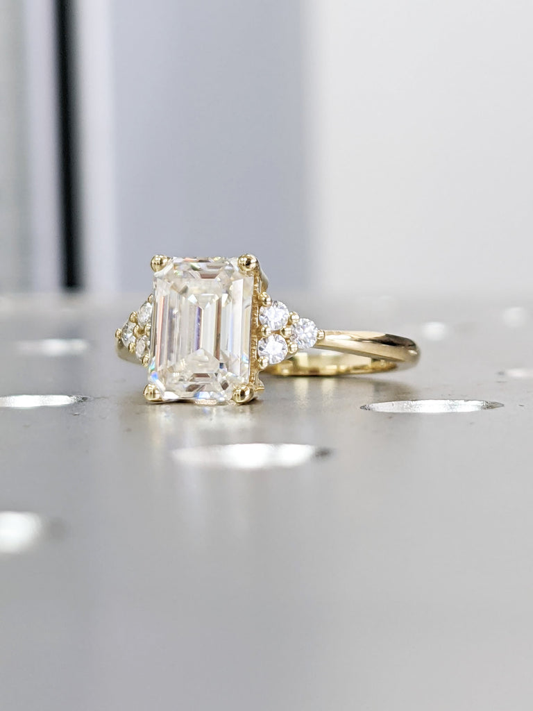 Emerald cut Moissanite engagement ring vintage yellow gold Round moissanite ring Cluster ring unique ring engagement ring Anniversary ring
