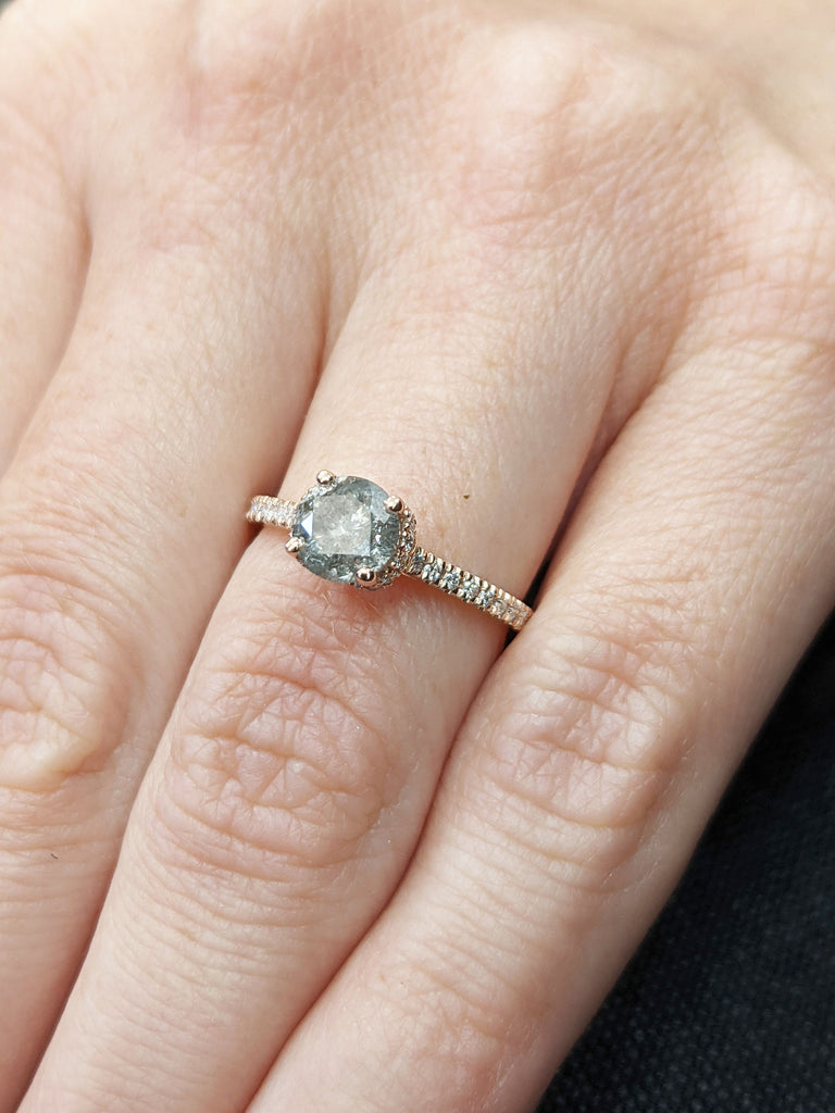 Salt and pepper engagement ring round cut vintage engagement ring prong set ring diamond ring rose gold anniversary ring