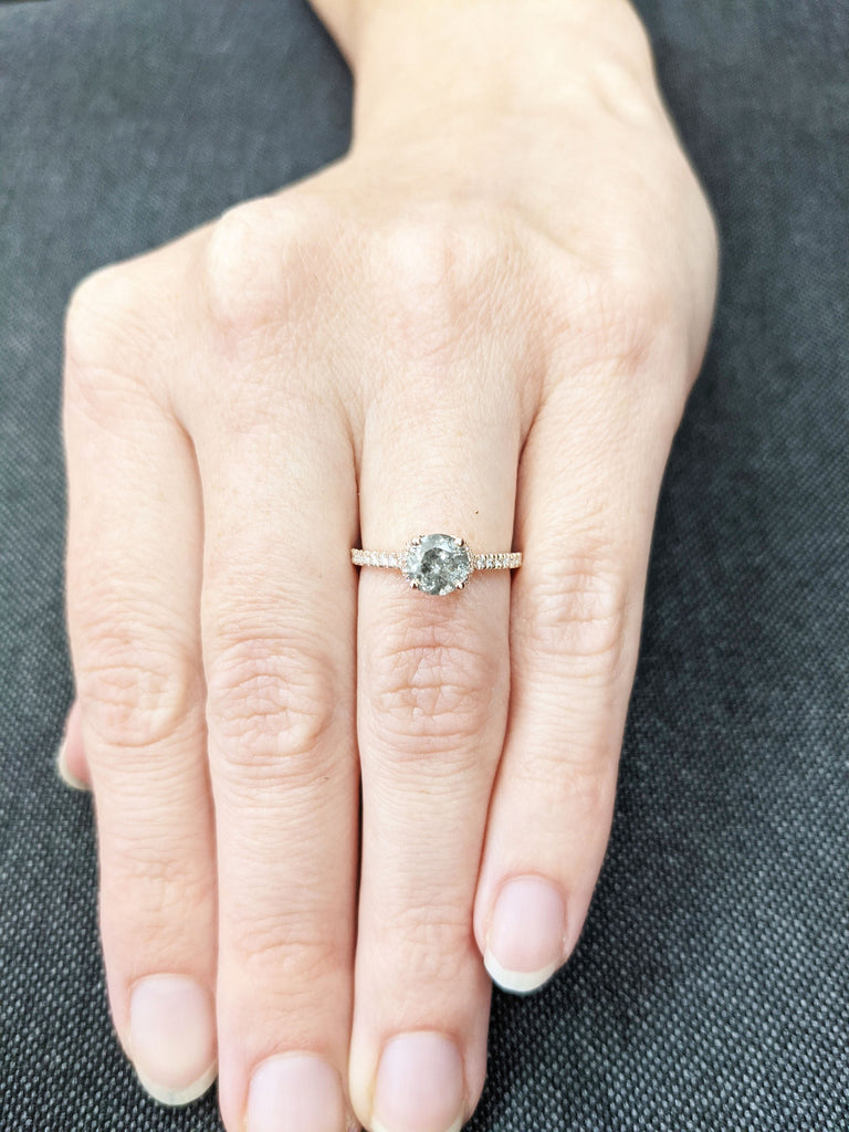 Salt and pepper engagement ring round cut vintage engagement ring prong set ring diamond ring rose gold anniversary ring