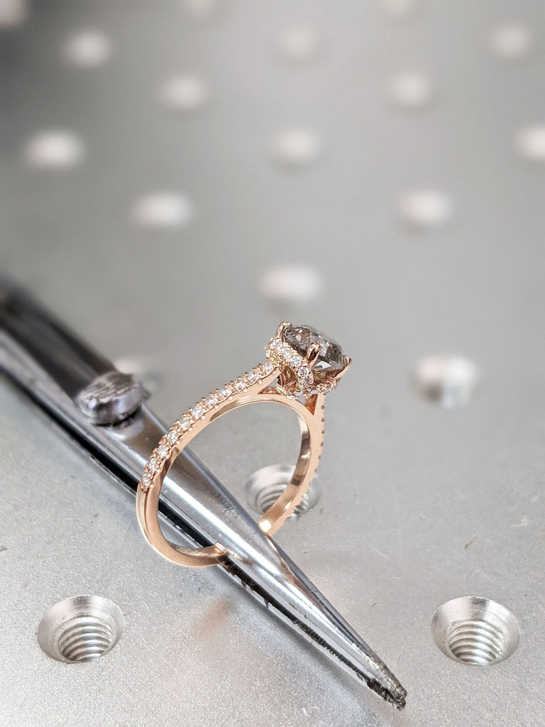 Salt and pepper engagement ring round cut vintage engagement ring prong set ring diamond ring rose gold anniversary ring