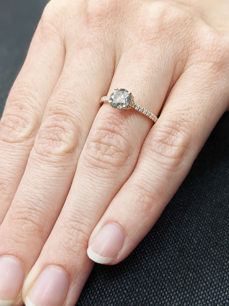Salt and pepper engagement ring round cut vintage engagement ring prong set ring diamond ring rose gold anniversary ring