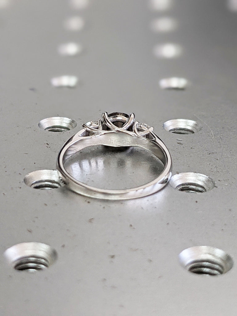 Salt And Pepper Diamond Engagement Ring, Unique Rustic Three Stone Grey Black diamond ring in 14k or 18k Solid Gold, Unique prong set ring