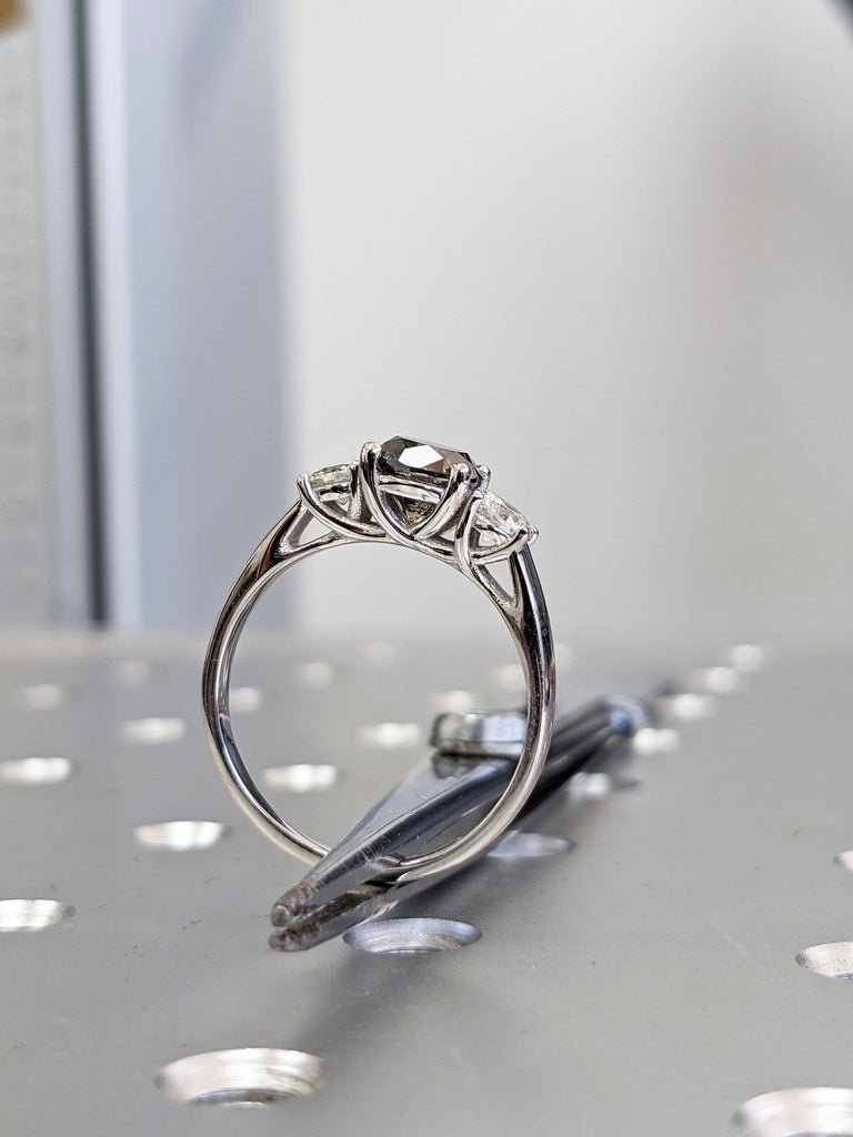 Salt And Pepper Diamond Engagement Ring, Unique Rustic Three Stone Grey Black diamond ring in 14k or 18k Solid Gold, Unique prong set ring